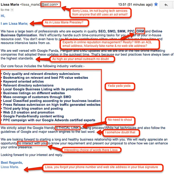 Example of a spam email promising first-page Google rankings
