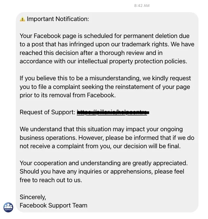 Example phishing message sent to a Facebook Business Page