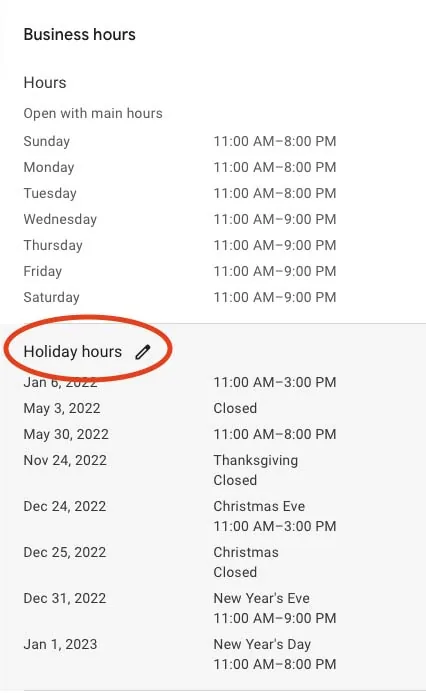 The holiday hours editing screen in a Google Business Profile