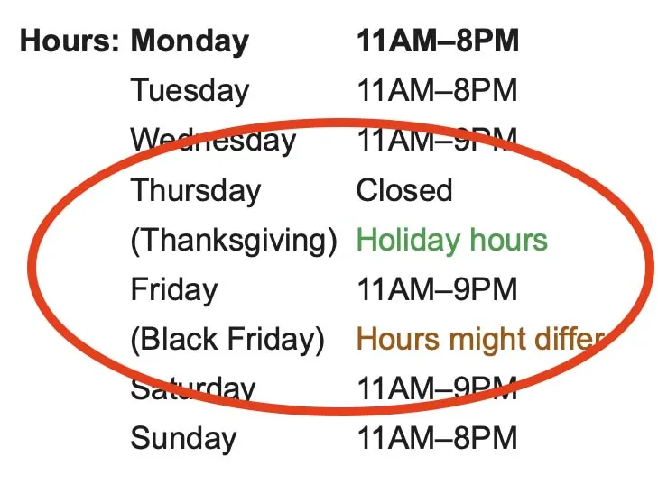 Google Business Profile listing showing confirmed holiday hours