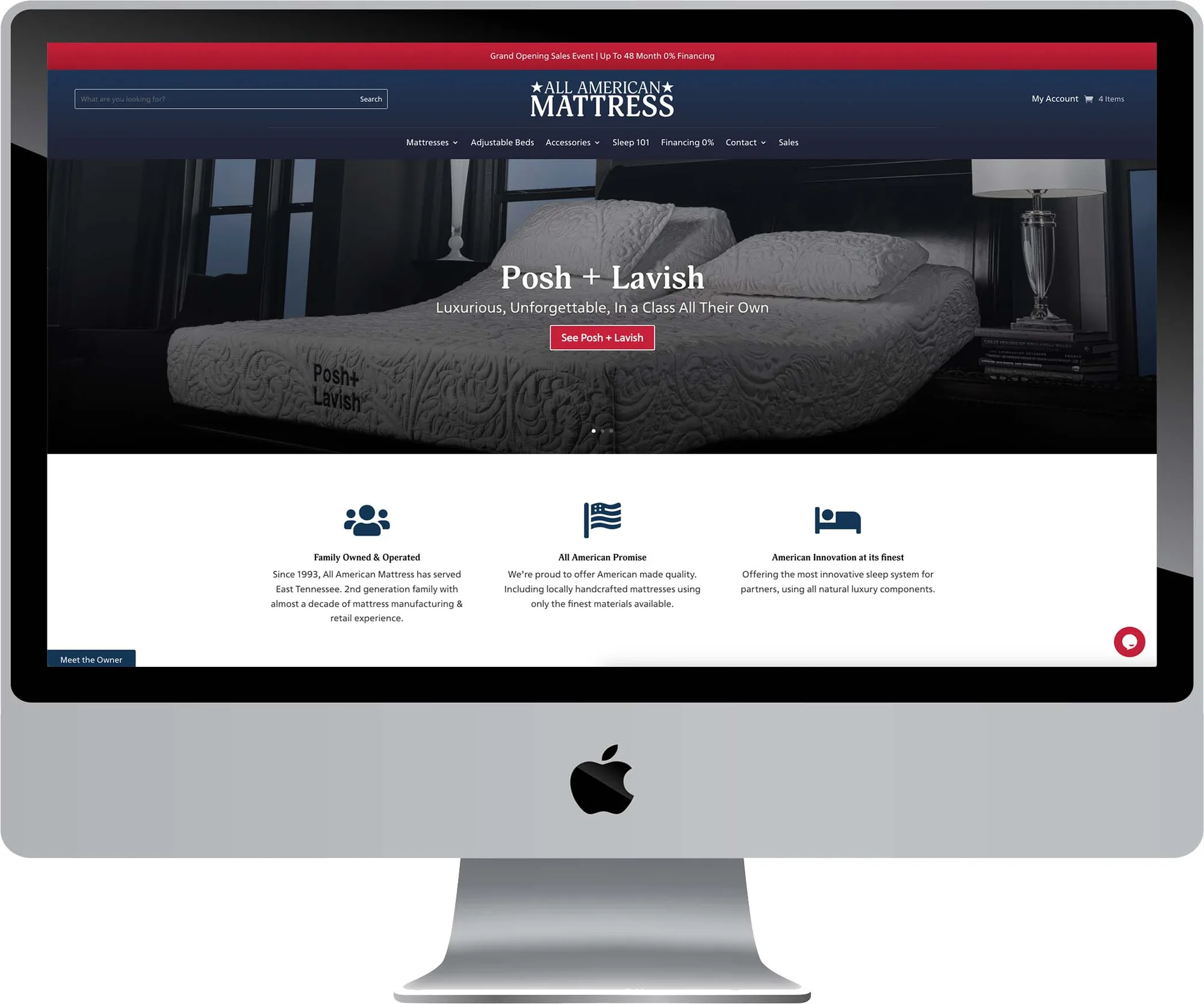 All American Mattress website design on desktop