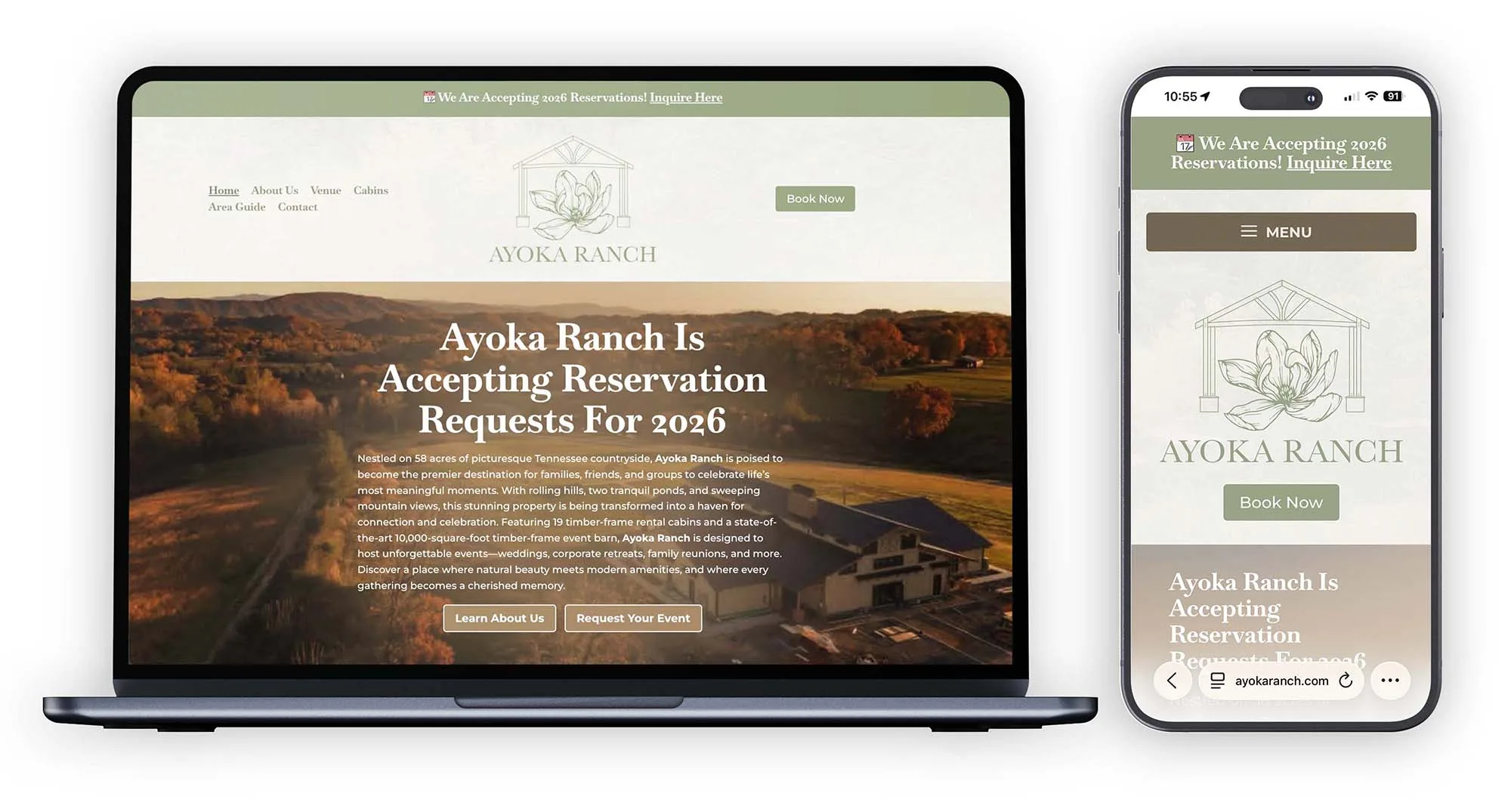 Ayoka Ranch website design on desktop