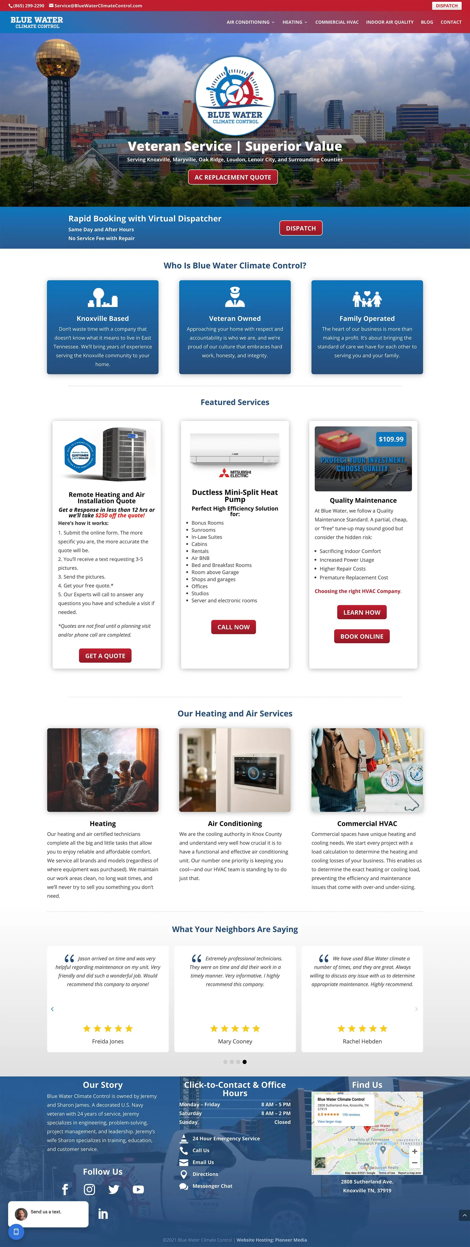 Blue Water Climate Control homepage screenshot