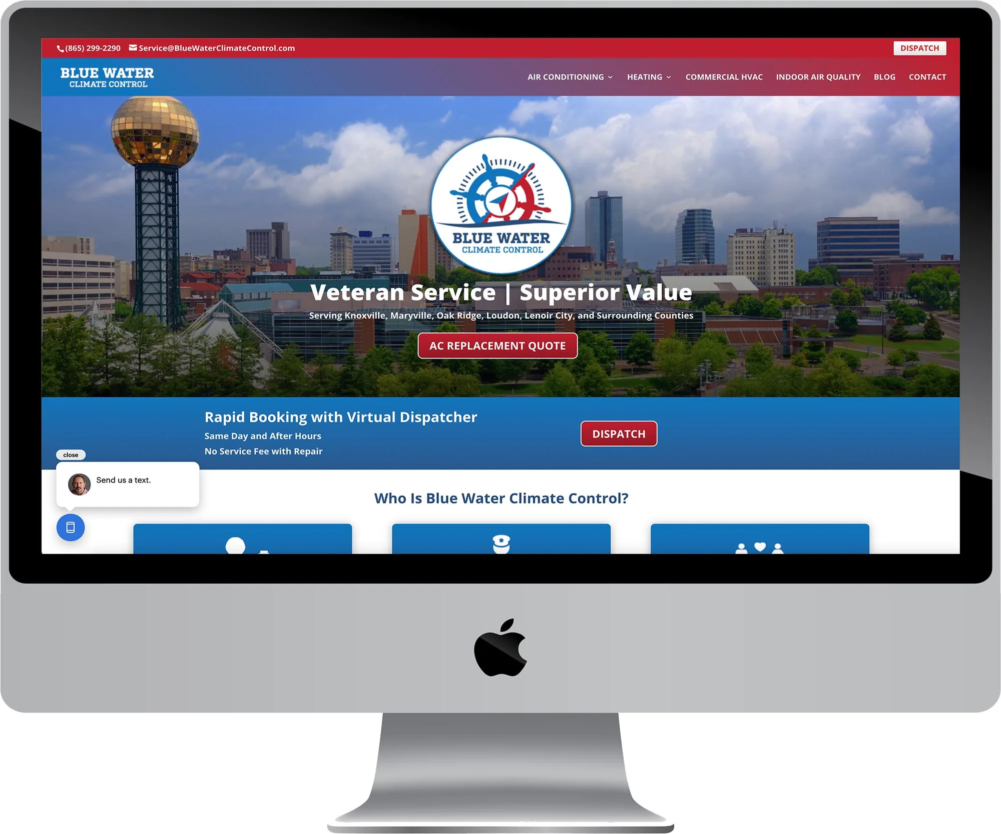 Blue Water Climate Control website design on desktop