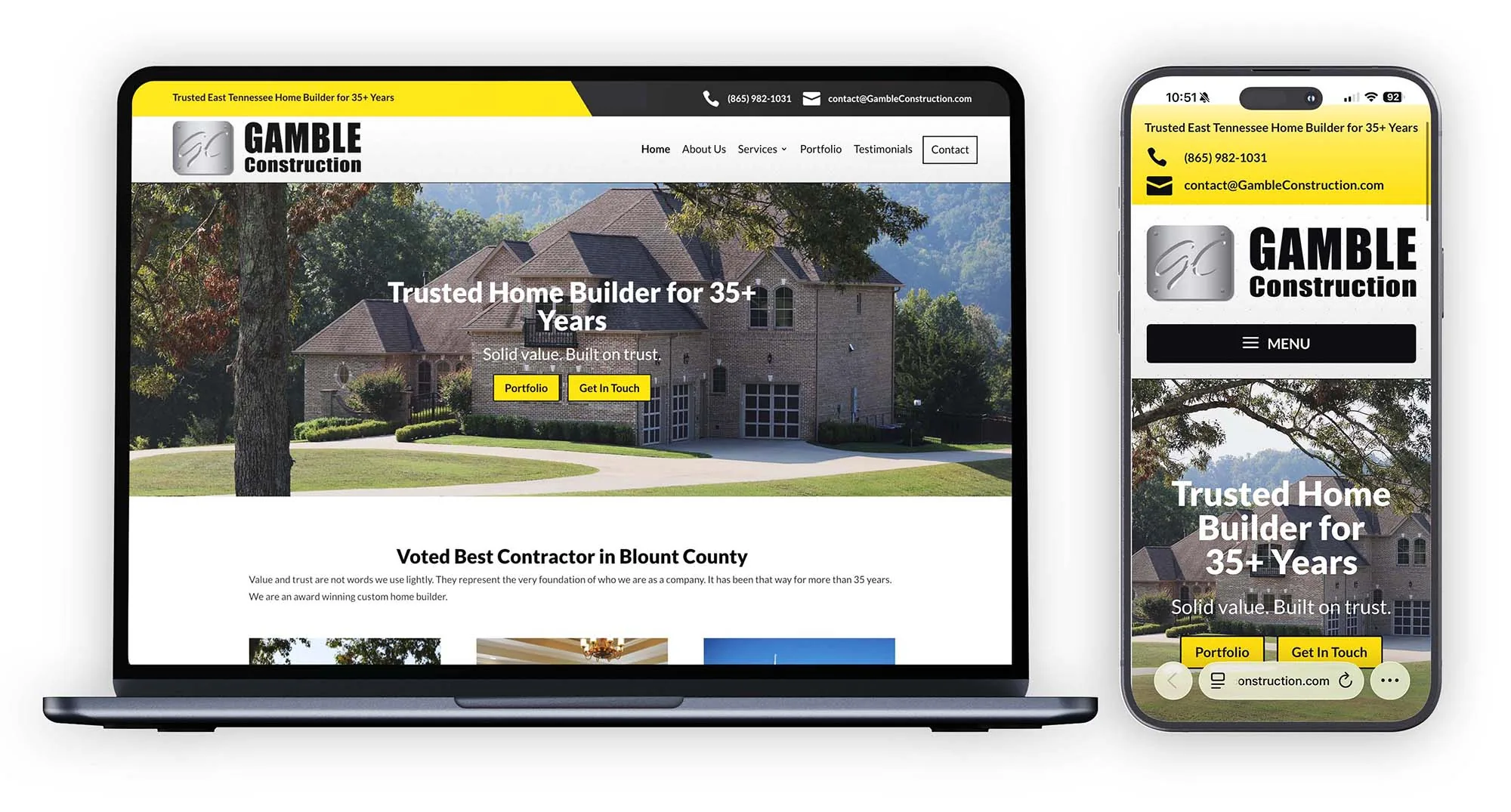 Gamble Construction website design on desktop