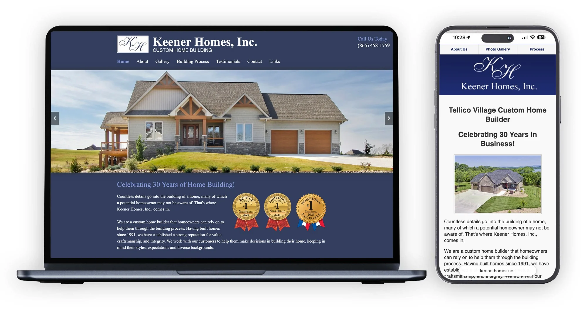 Keener Homes, Inc. website on a laptop and a phone