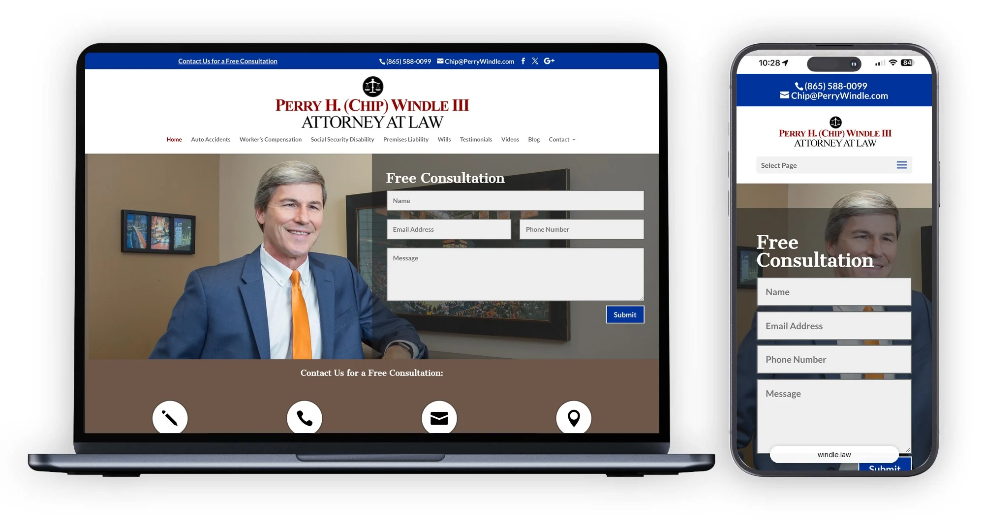 Law Office of Perry H. Windle III website on a laptop and a phone