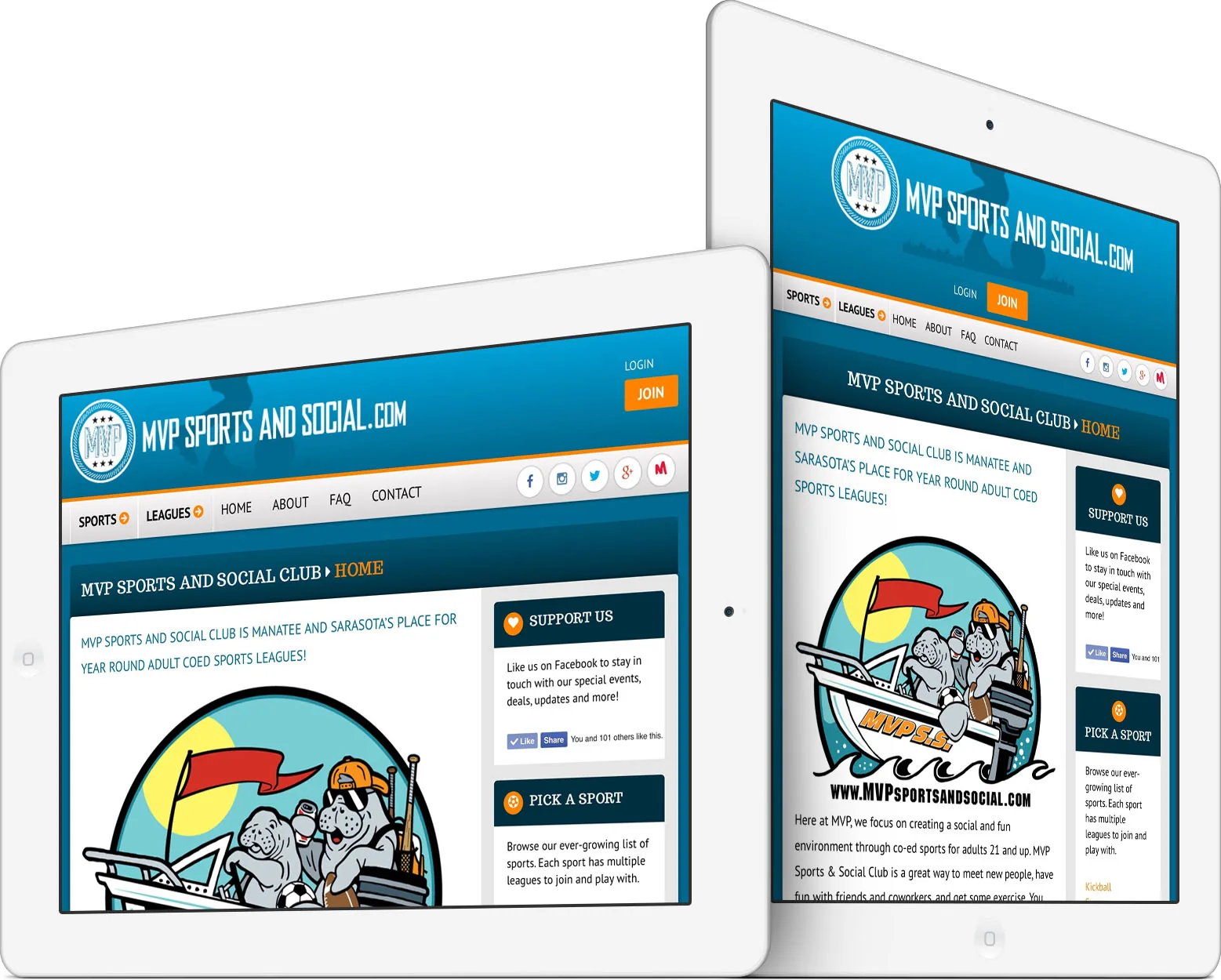 MVP Sports and Social Club responsive website design on an iPad