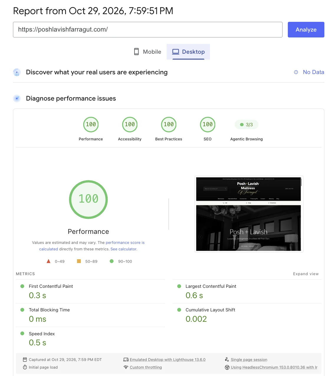 Google PageSpeed Insights desktop report for PoshLavishFarragut.com: 100 Performance, 100 Accessibility, 100 Best Practices and 100 SEO