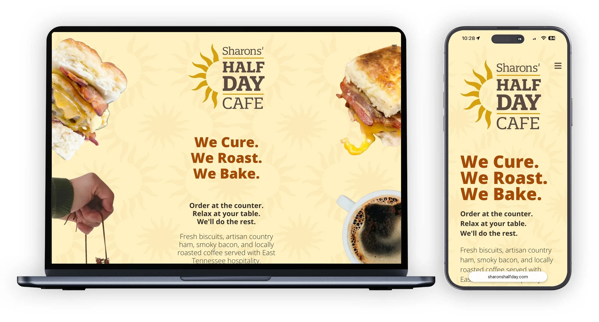 Sharons’ Half Day Cafe website on a laptop and a phone