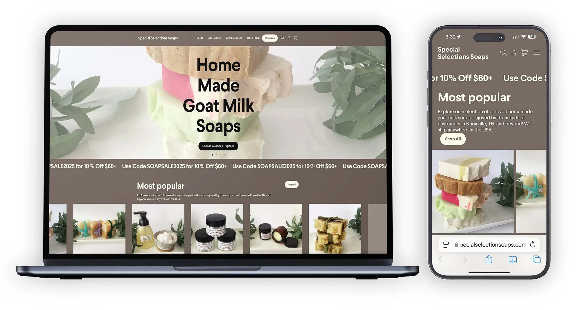 Special Selections Soaps website design on desktop